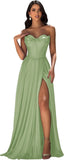 Strapless Prom Dress with Slit Satin A Line Long Ball Gowns for Women Sweetheart Corset Formal Dress with Pockets