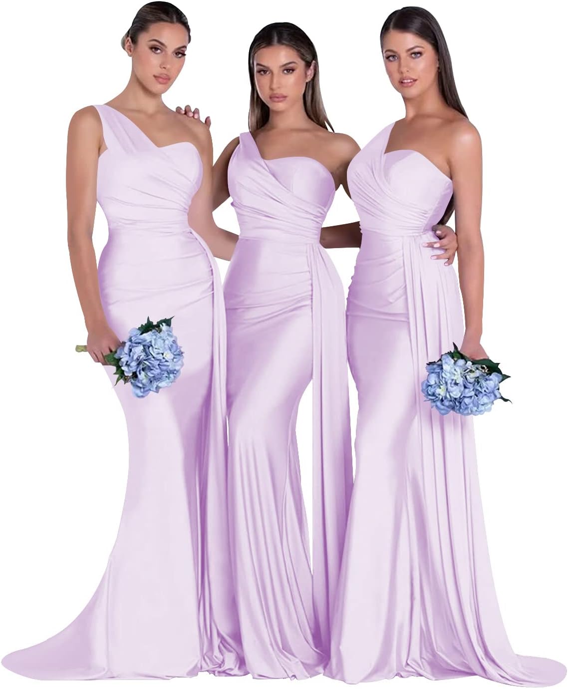 Women's One Shoulder Mermaid Bridesmaid Dresses Long Ruched Bodycon Satin Formal Prom Gowns