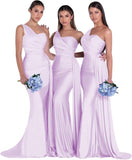 Women's One Shoulder Mermaid Bridesmaid Dresses Long Ruched Bodycon Satin Formal Prom Gowns