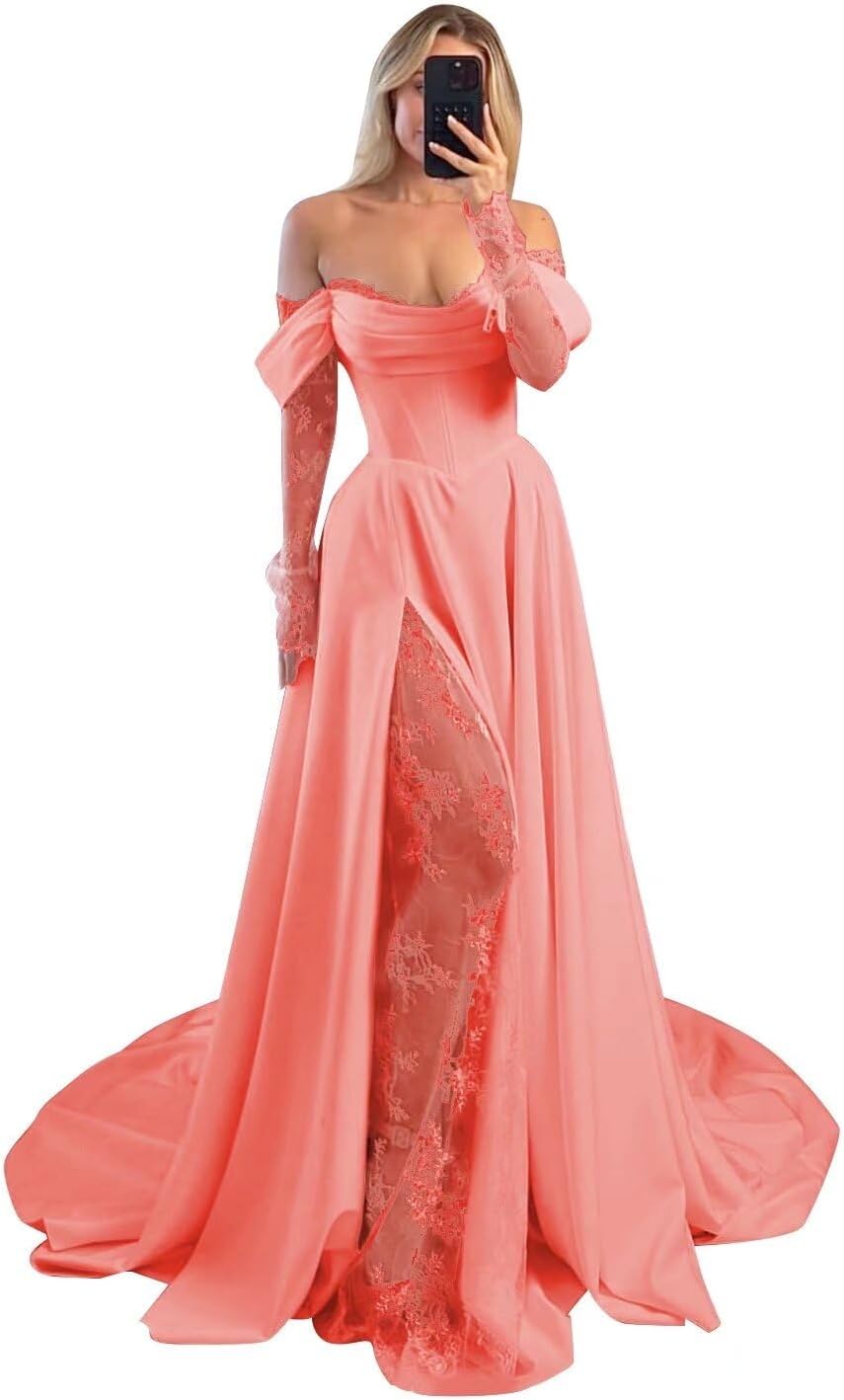 Off Shoulder Satin Wedding Dresses Lace Long Sleeve Prom Dresses Corset A-Line Ball Gowns with Slit
