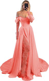 Off Shoulder Satin Wedding Dresses Lace Long Sleeve Prom Dresses Corset A-Line Ball Gowns with Slit