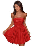 Short Satin A-Line Ruched Homecoming Dresses for Teens Strapless Ruched Mini Formal Cocktail Party Dress