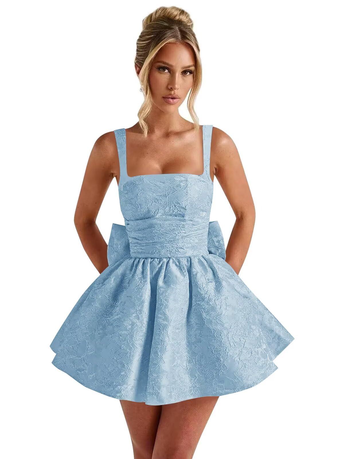 Satin Jacquard Homecoming Dress with Bow Short A-Line Mini Prom Cocktail Party Gown