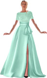 Kingbridal Gowns Short Sleeve Sequin Prom Dresses for Women 2026 Satin A-Line Sparkly Formal Evening Party Ball Gowns with Slit