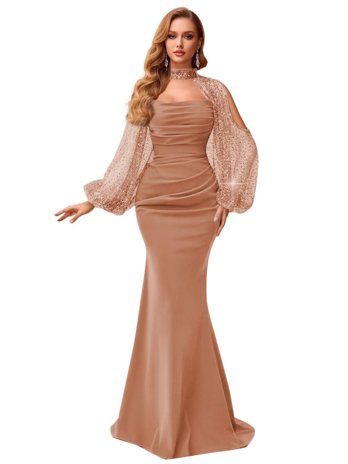 Kingbridal Gowns Long Sleeve Prom Dresses 2026 Mermaid Satin Formal Dress for Women Sparkly Sequin Halter Neck Evening Party Gowns
