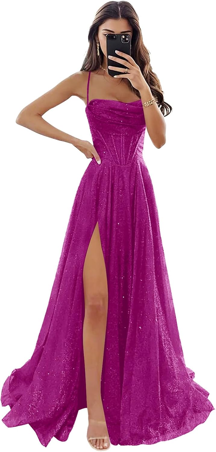 Women's Spaghetti Straps Glitter Tulle Prom Dress with Slit Cowl Neck Long Evening Formal Party Gown