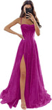 Women's Spaghetti Straps Glitter Tulle Prom Dress with Slit Cowl Neck Long Evening Formal Party Gown