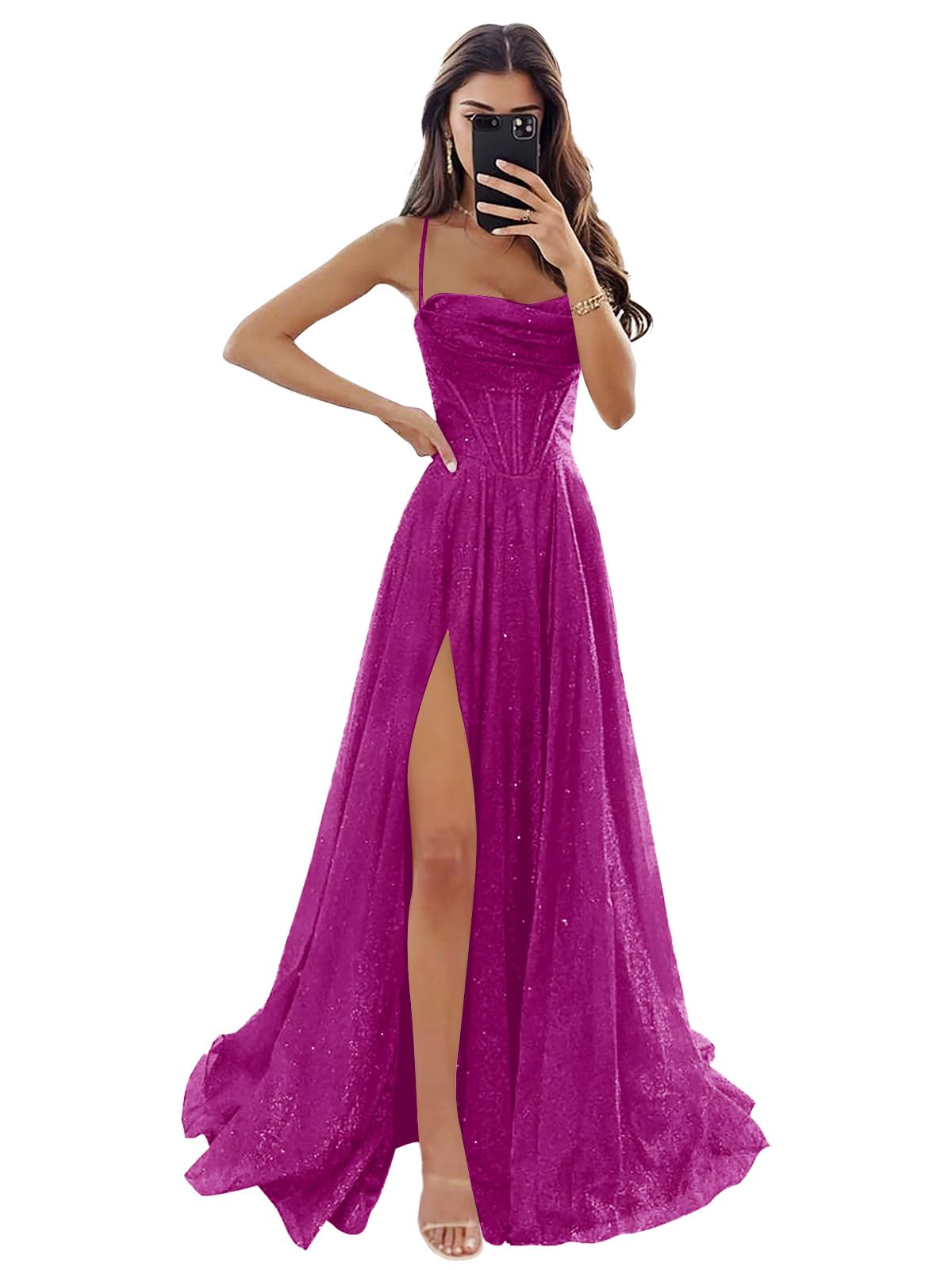 Women's Spaghetti Straps Glitter Tulle Prom Dress with Slit Cowl Neck Long Evening Formal Party Gown