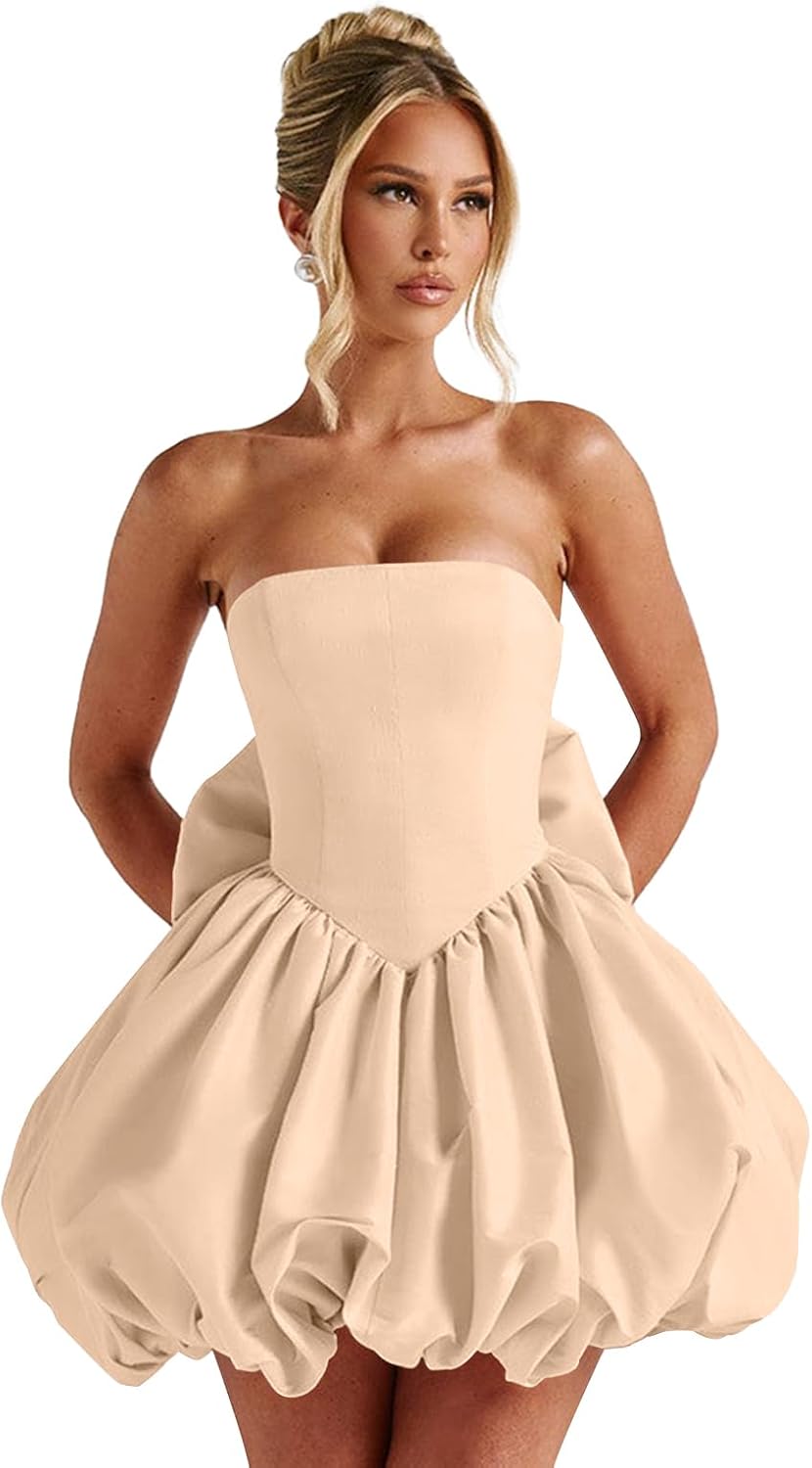 Satin Flower Bud Homecoming Dress Short Prom Dress with Bow Strapless A Line Mini Cocktail Party Gown