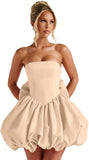 Satin Flower Bud Homecoming Dress Short Prom Dress with Bow Strapless A Line Mini Cocktail Party Gown