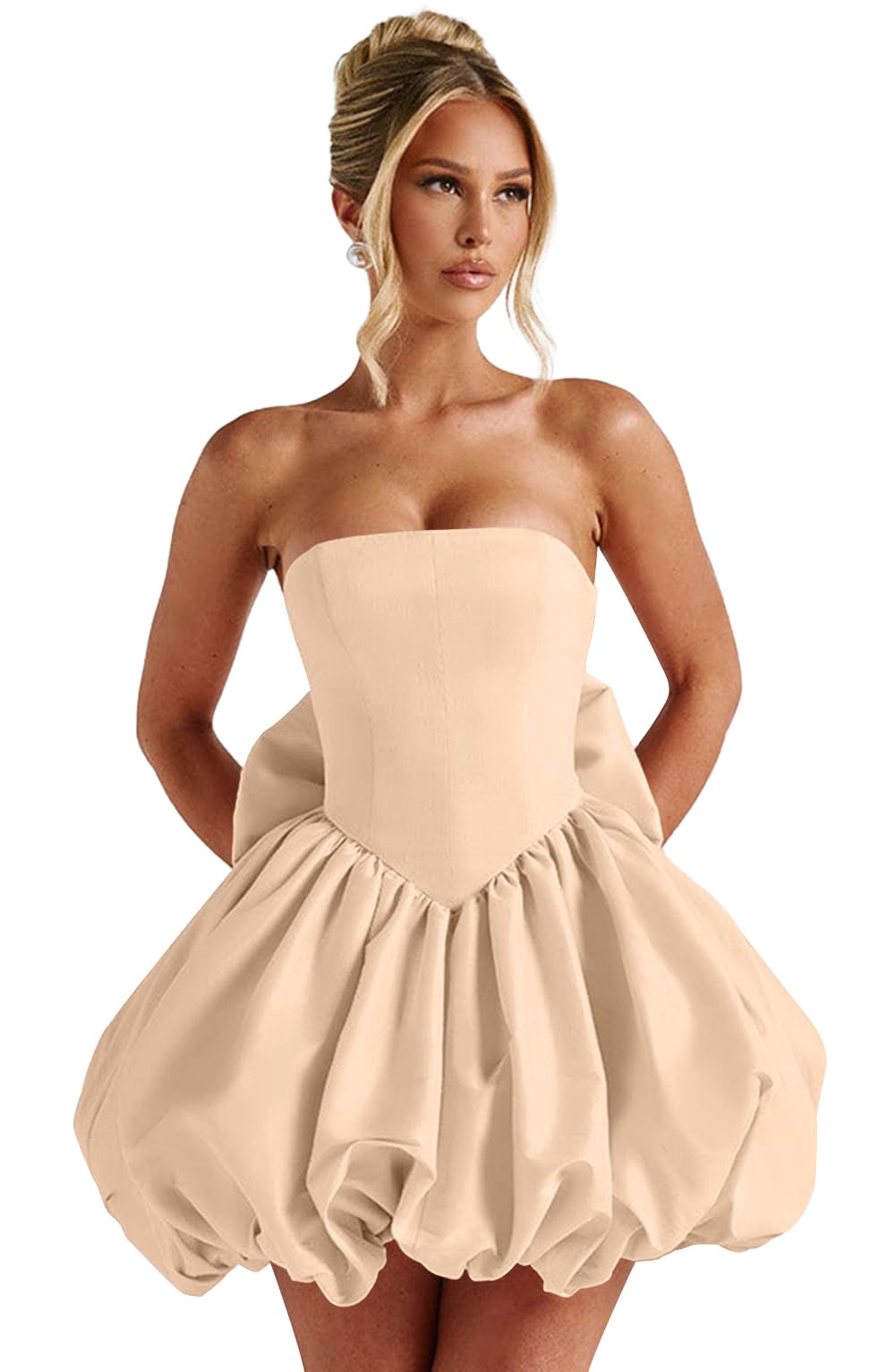 Satin Flower Bud Homecoming Dress Short Prom Dress with Bow Strapless A Line Mini Cocktail Party Gown