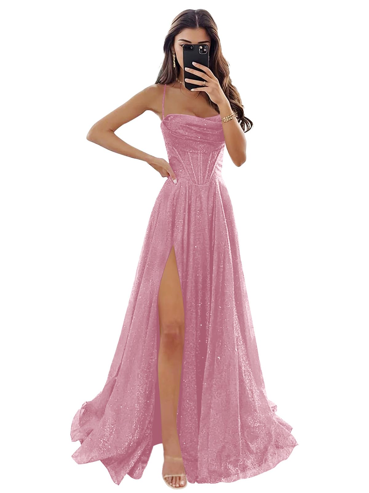 Women's Spaghetti Straps Glitter Tulle Prom Dress with Slit Cowl Neck Long Evening Formal Party Gown