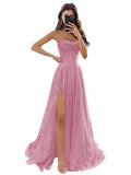 Women's Spaghetti Straps Glitter Tulle Prom Dress with Slit Cowl Neck Long Evening Formal Party Gown