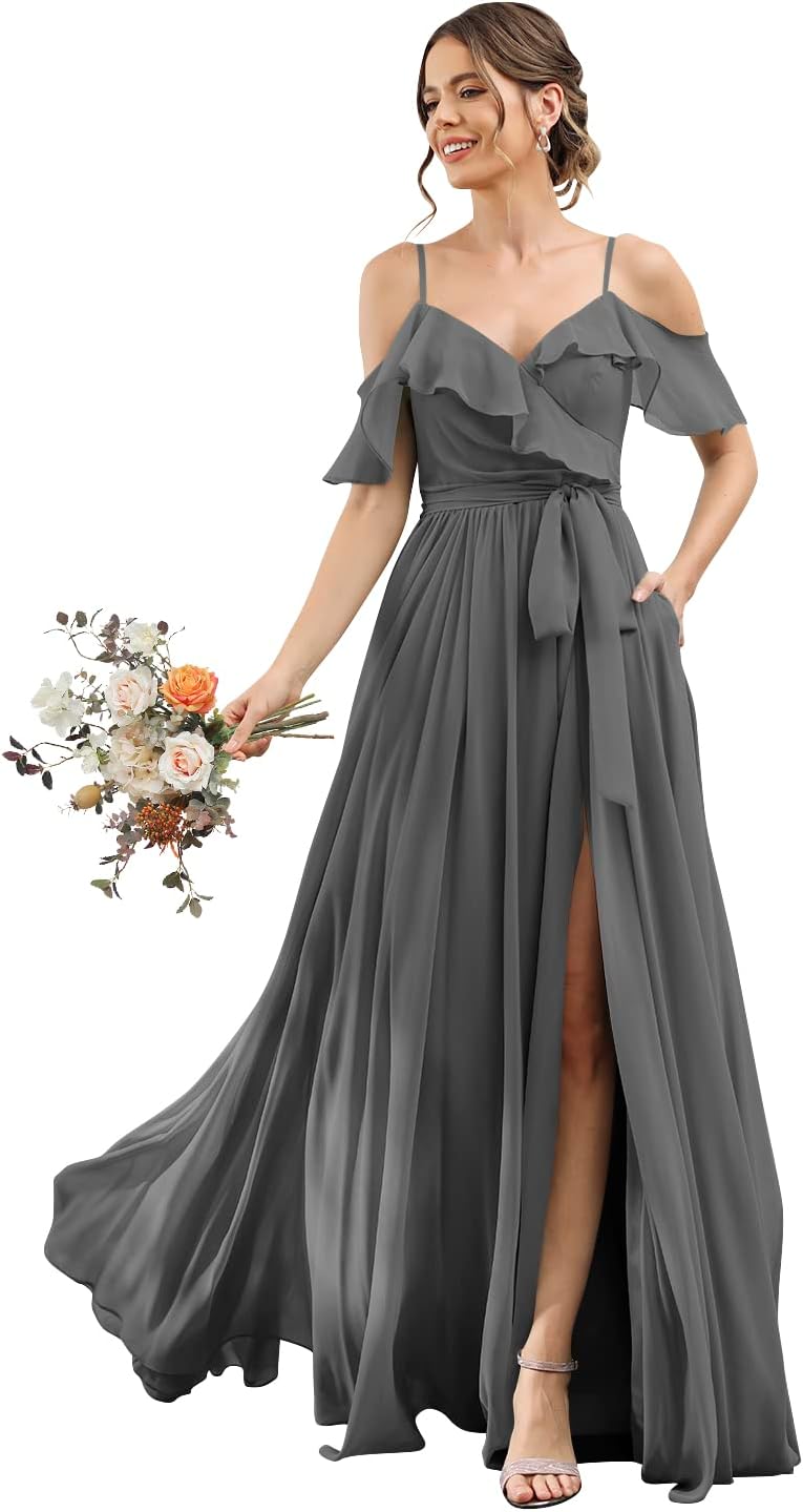 Women's Bridesmaid Dresses with Slit Long Cold Shoulder Chiffon Formal Party Dress with Pockets