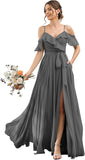 Women's Bridesmaid Dresses with Slit Long Cold Shoulder Chiffon Formal Party Dress with Pockets