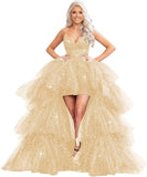 Puffy Sequins Tulle High-Low Prom Dresses for Women 2027, Glitter V Neck Formal Ball Gown Wedding Party Dress