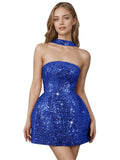 Strapless Sequin Homecoming Dresses for Teens Short Prom Dress Sparkly A-Line Cocktail Party Gowns with Pockets