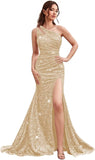Kingbridal Gowns One Shoulder Sequin Prom Dresses with Slit 2026 Mermaid Formal Dress for Women Sparkly Ruched Evening Party Gowns