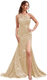 Kingbridal Gowns One Shoulder Sequin Prom Dresses with Slit 2026 Mermaid Formal Dress for Women Sparkly Ruched Evening Party Gowns