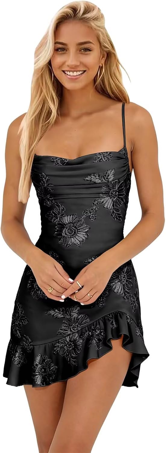 Floral Homecoming Dresses for Teens 2026 Spaghetti Straps Ruffle Pleated Short Cocktail Evening Dress