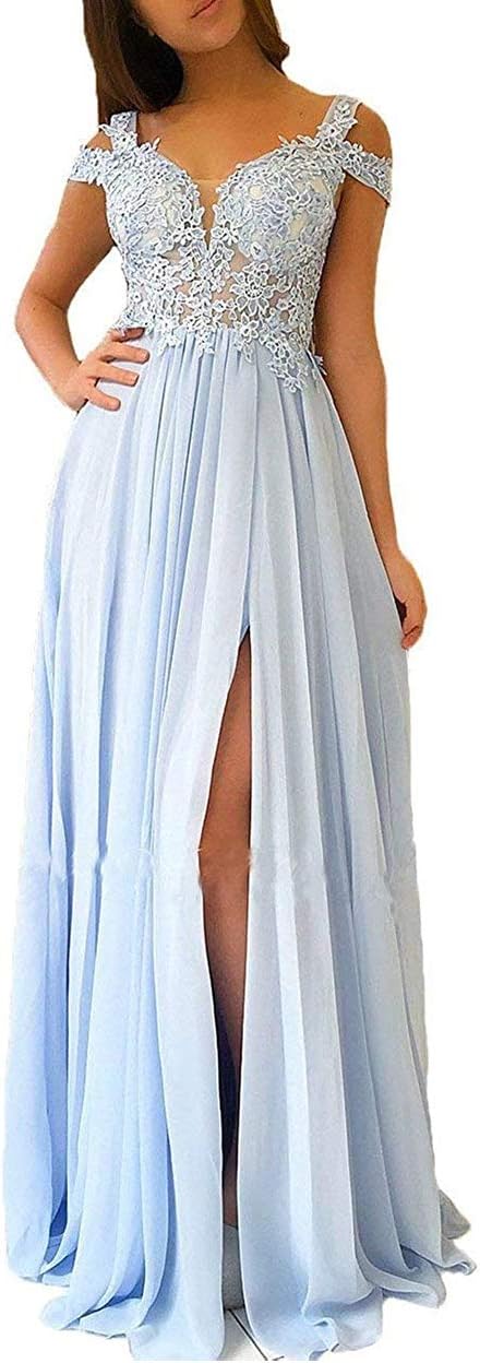 Women's Lace Appliques Prom Dresses Long with Slit Cold Shoulder Formal Party Gown