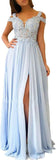 Women's Lace Appliques Prom Dresses Long with Slit Cold Shoulder Formal Party Gown