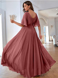 Women's Batwing Sleeve Chiffon Bridesmaid Dresses with Pockets V Neck Long Formal Evening Dress