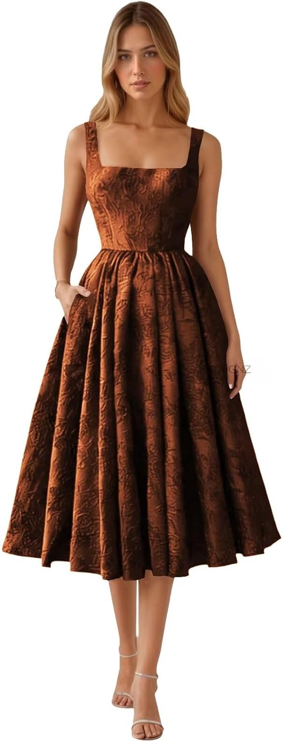 Floral Jacquard Satin Prom Dresses for Women Tea Length Formal Evening Party Dress with Pockets