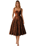 Floral Jacquard Satin Prom Dresses for Women Tea Length Formal Evening Party Dress with Pockets