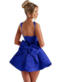 Satin Jacquard Homecoming Dress with Bow Short A-Line Mini Prom Cocktail Party Gown