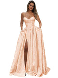 Satin Spaghetti Straps Prom Dresses for Women Jacquard Aline Backless Formal Evening Party Ball Gowns with Pockets