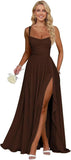 Ruffle Chiffon Bridesmaid Dress Long Square Neck Pleated Formal Gowns with Slit for Women Plus Size Spaghetti Straps Ruffles