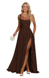 Ruffle Chiffon Bridesmaid Dress Long Square Neck Pleated Formal Gowns with Slit for Women Plus Size Spaghetti Straps Ruffles