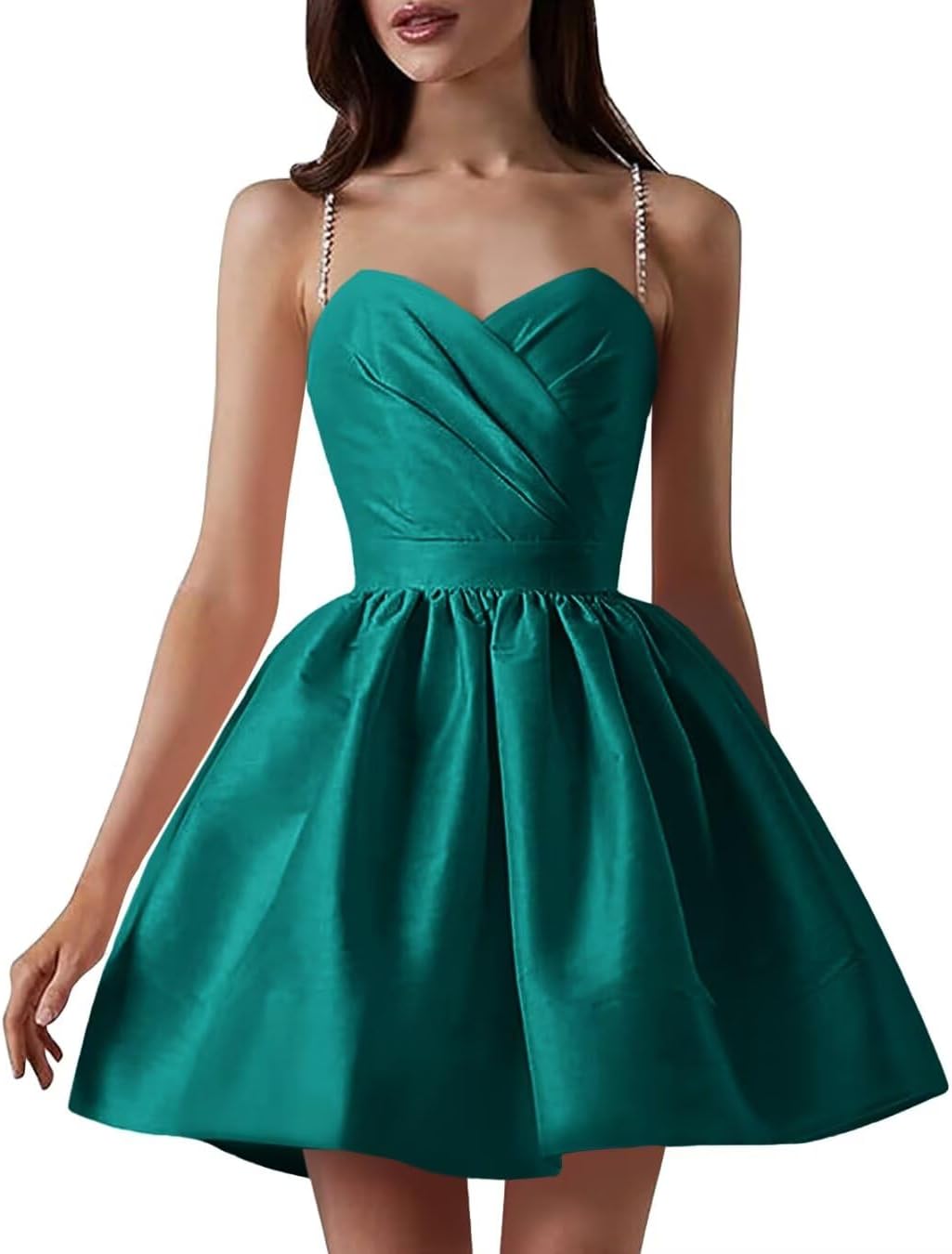 Satin Homecoming Dresses for Teens Spaghetti Straps Short Prom Dress A-Line Cocktail Wedding Guest Dress