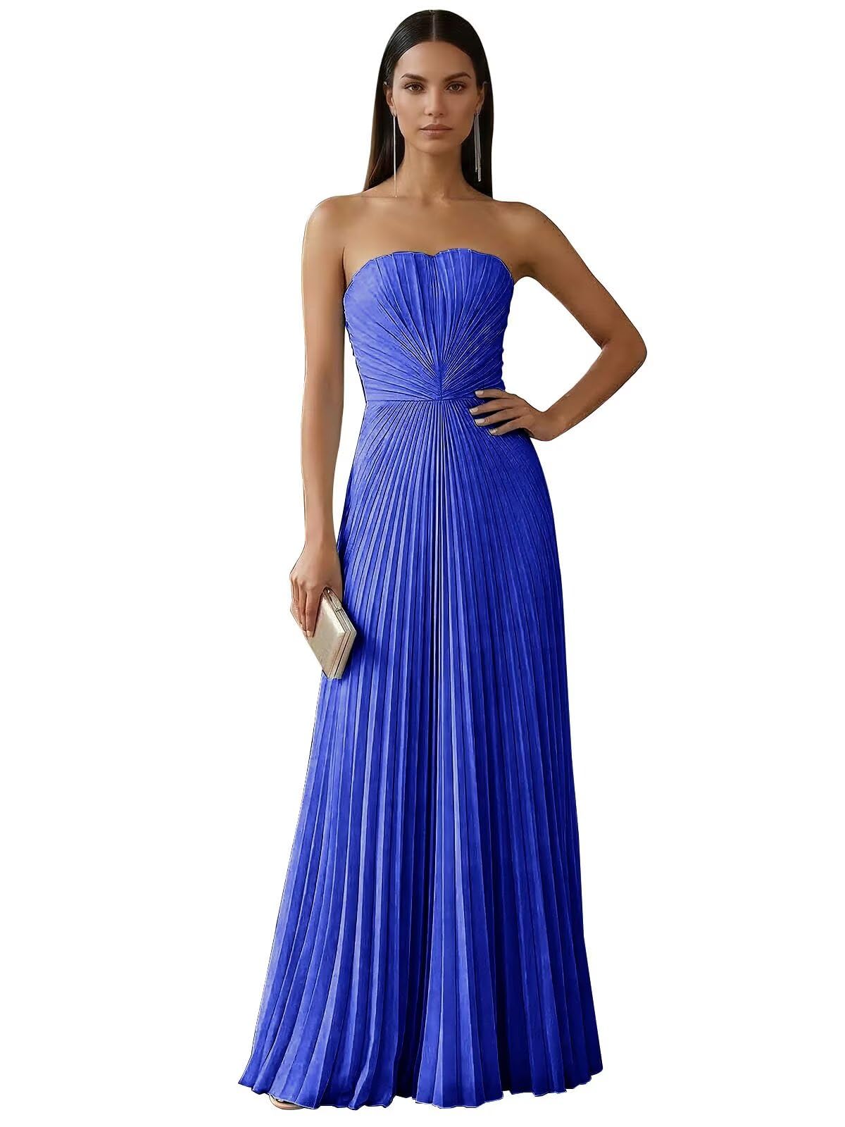 Strapless Prom Dresses for Women Long A Line Cocktail Dress Pleated Chiffon Formal Wedding Guest Dress