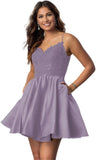 Vestidos cortos de fiesta con tirantes finos para jóvenes, con encaje, escote en V y bolsillos.