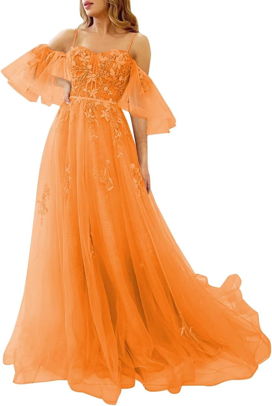 Vestidos de fiesta de tul con hombros descubiertos para adolescentes, vestidos formales con apliques de encaje, vestido de fiesta de noche formal de línea A