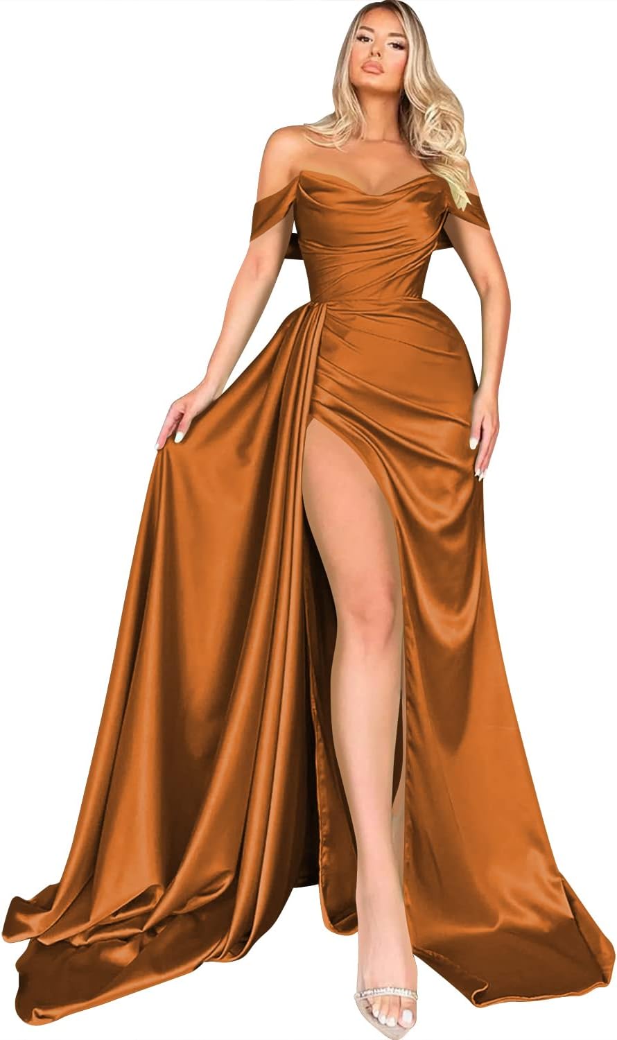 Women's Off Shoulder Mermaid Prom Dresses Long with Slit Pleates Wrap Satin Formal Evening Gowns