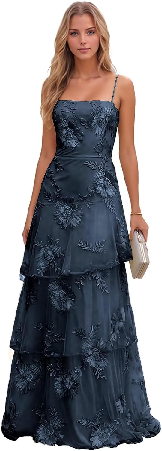 Jacquard Laces Prom Dress for Women Spaghetti Strap Bridesmaid Dresses Long Formal Wedding Party Gown