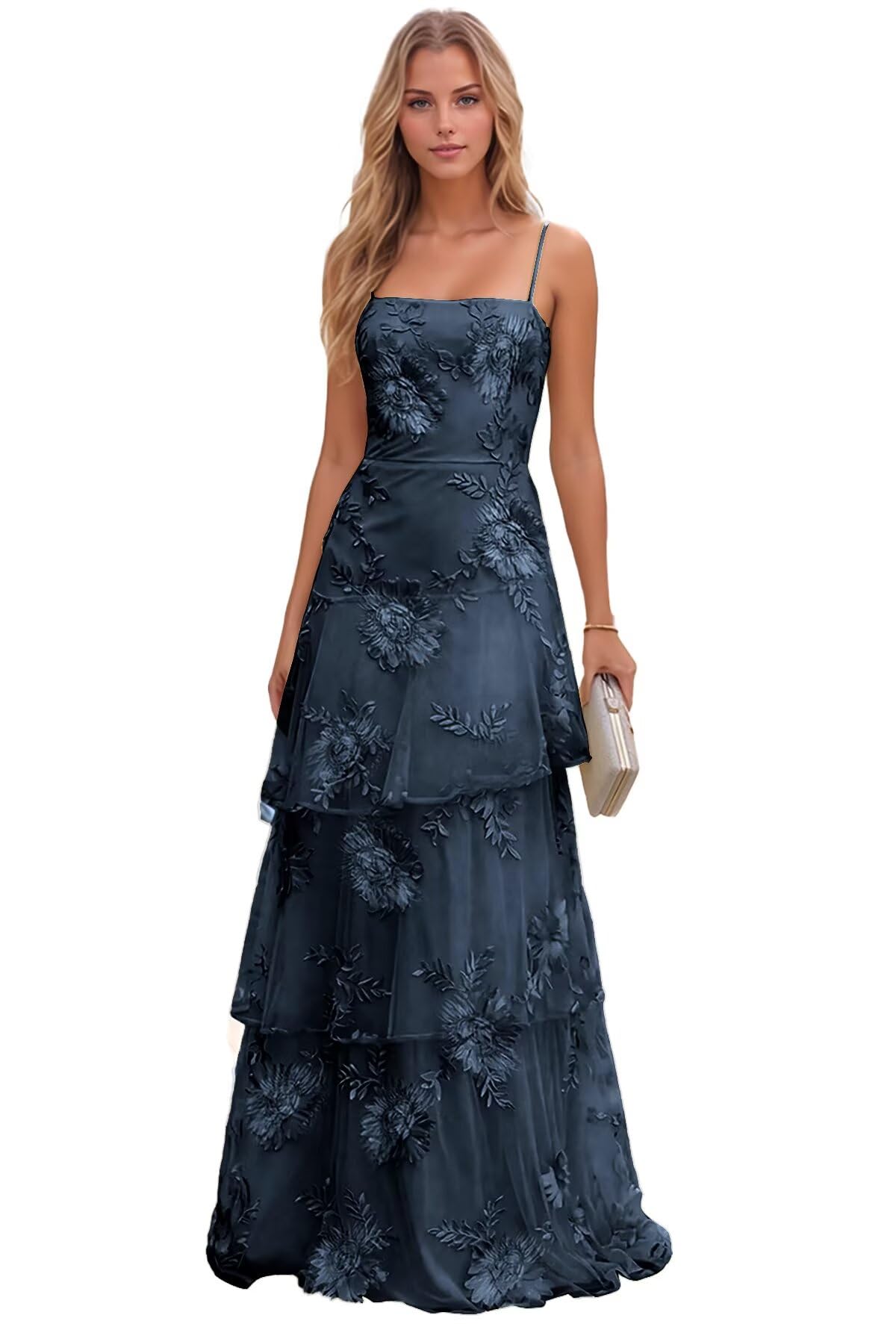 Jacquard Laces Prom Dress for Women Spaghetti Strap Bridesmaid Dresses Long Formal Wedding Party Gown