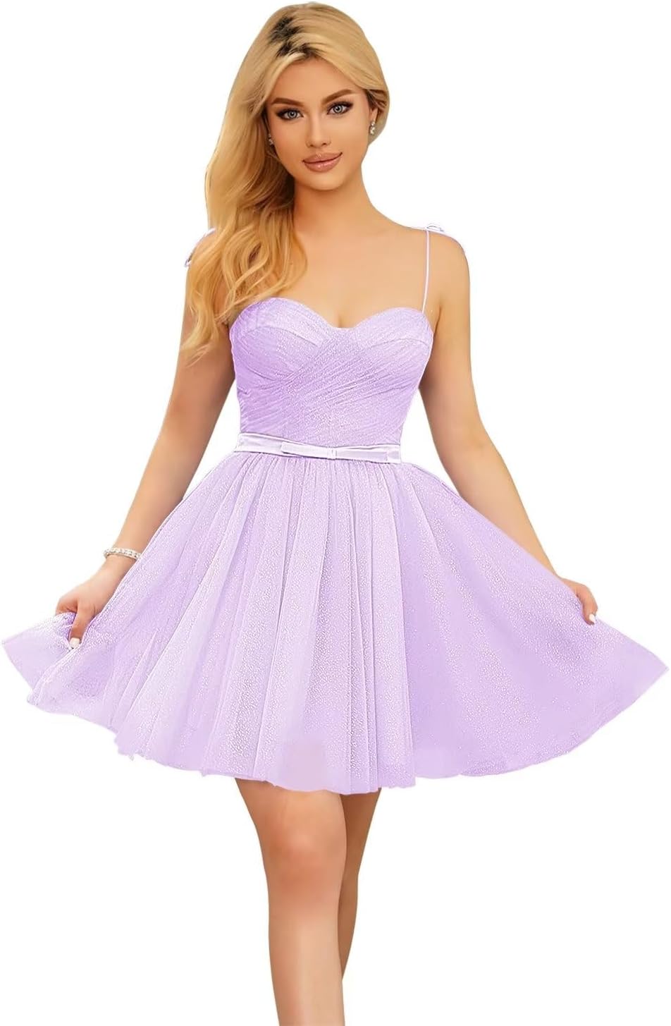 Vestidos cortos de tul brillante para adolescentes, con tirantes finos y corte en A, para fiesta de graduación.