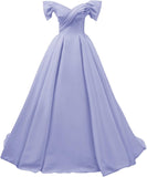 Off Shoulder Satin Prom Dresses for Women V-Neck Elegant A-Line Long Pleated Formal Evening Gown