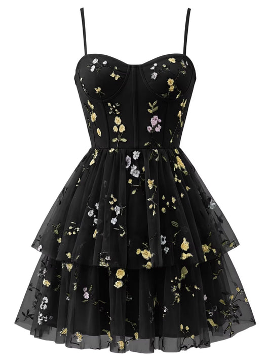 Floral Tulle Homecoming Dresses for Teens Short HOCO Dresses Flower Embroidered Mini Party Gowns for Teens