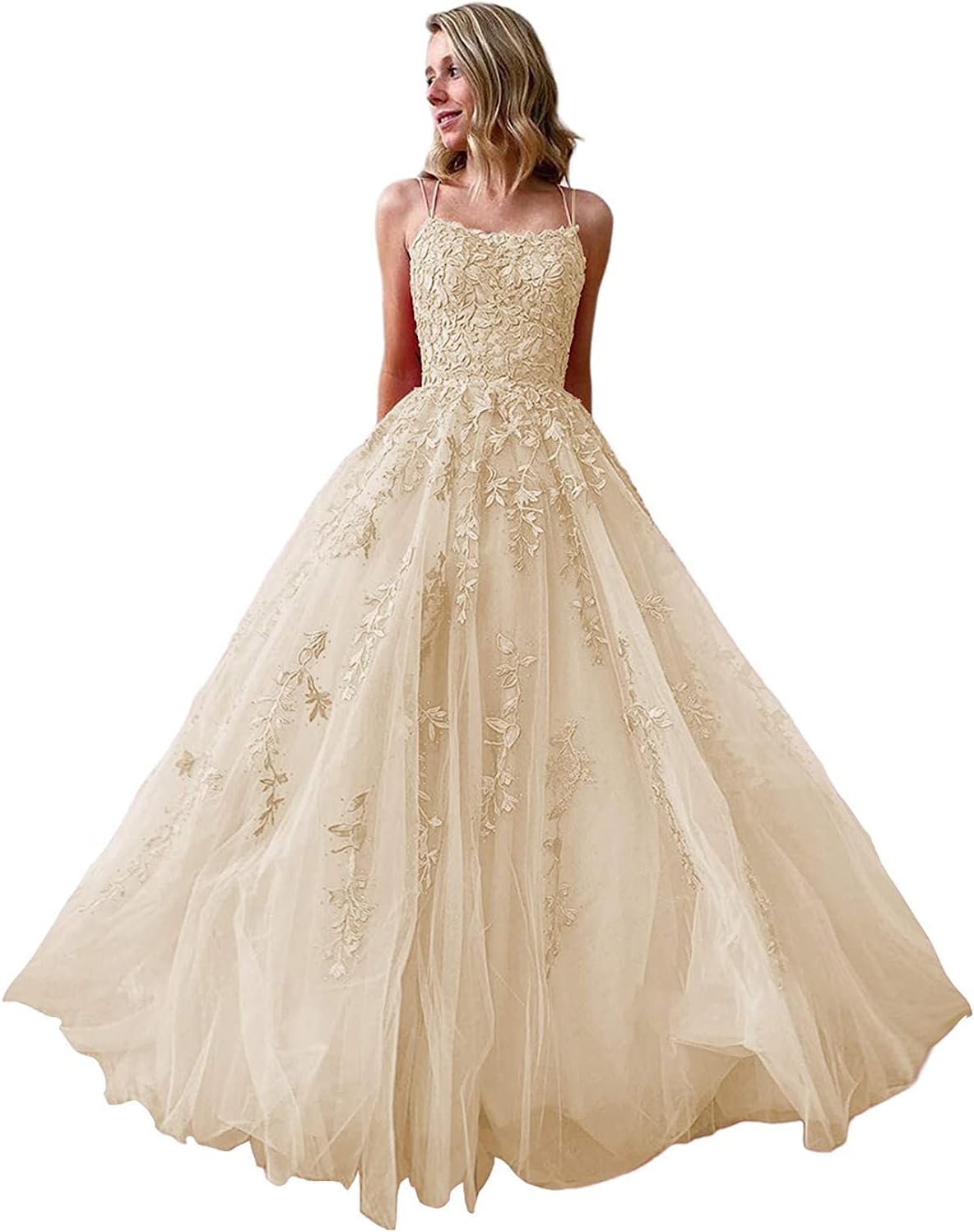 Ballkleider, langes Ballkleid für Damen, Spaghettiträger, Tüll, A-Linie, sexy, rückenfrei, formelle Partykleider mit Taschen 