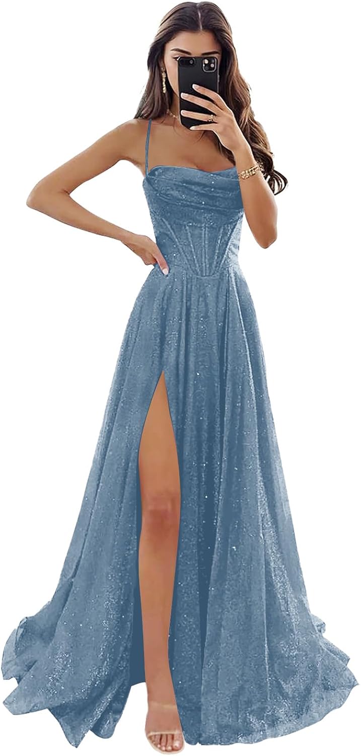 Women's Spaghetti Straps Glitter Tulle Prom Dress with Slit Cowl Neck Long Evening Formal Party Gown