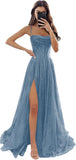 Women's Spaghetti Straps Glitter Tulle Prom Dress with Slit Cowl Neck Long Evening Formal Party Gown