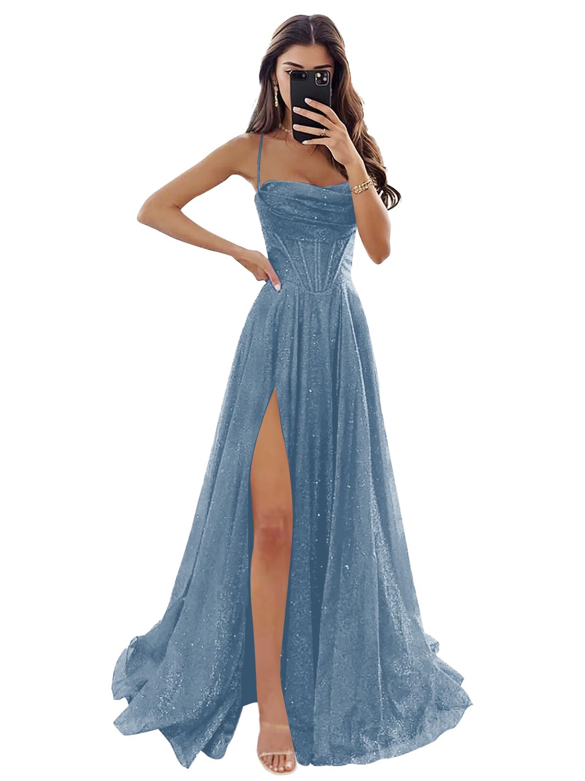 Women's Spaghetti Straps Glitter Tulle Prom Dress with Slit Cowl Neck Long Evening Formal Party Gown