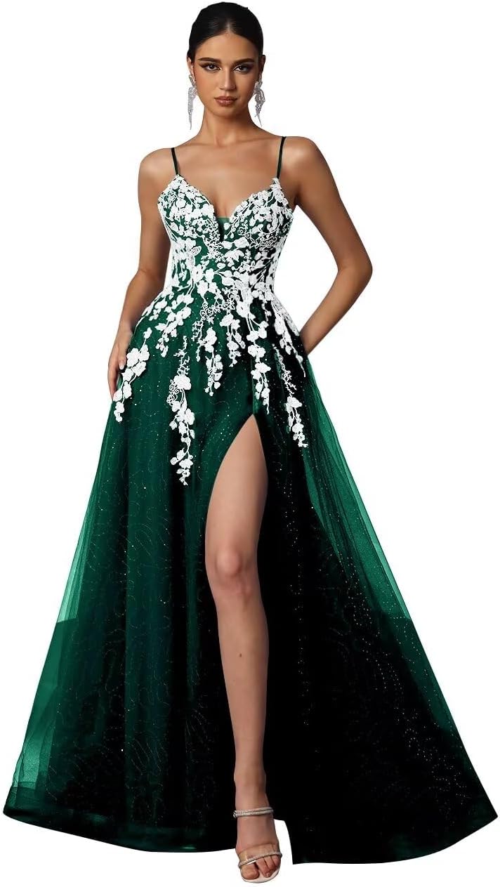 Tulle Prom Dresses 2027 Puffy Ball Gown for Women Formal V Neck Lace Appliques Evening Gown with Slit Long Homecoming Dress