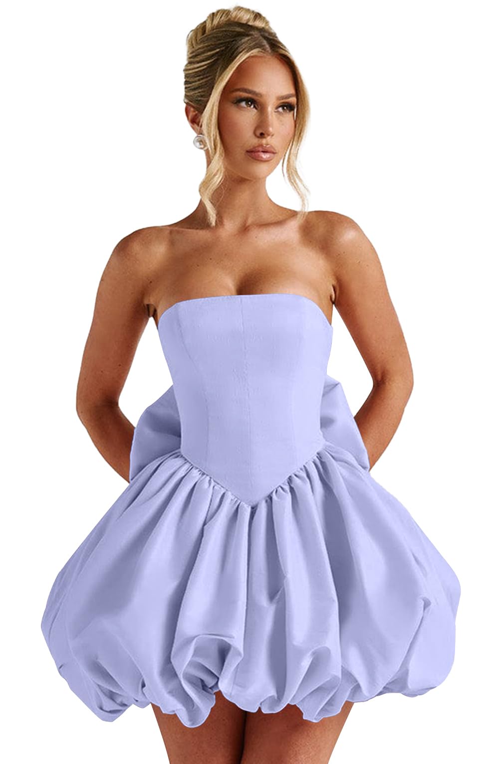 Satin Flower Bud Homecoming Dress Short Prom Dress with Bow Strapless A Line Mini Cocktail Party Gown