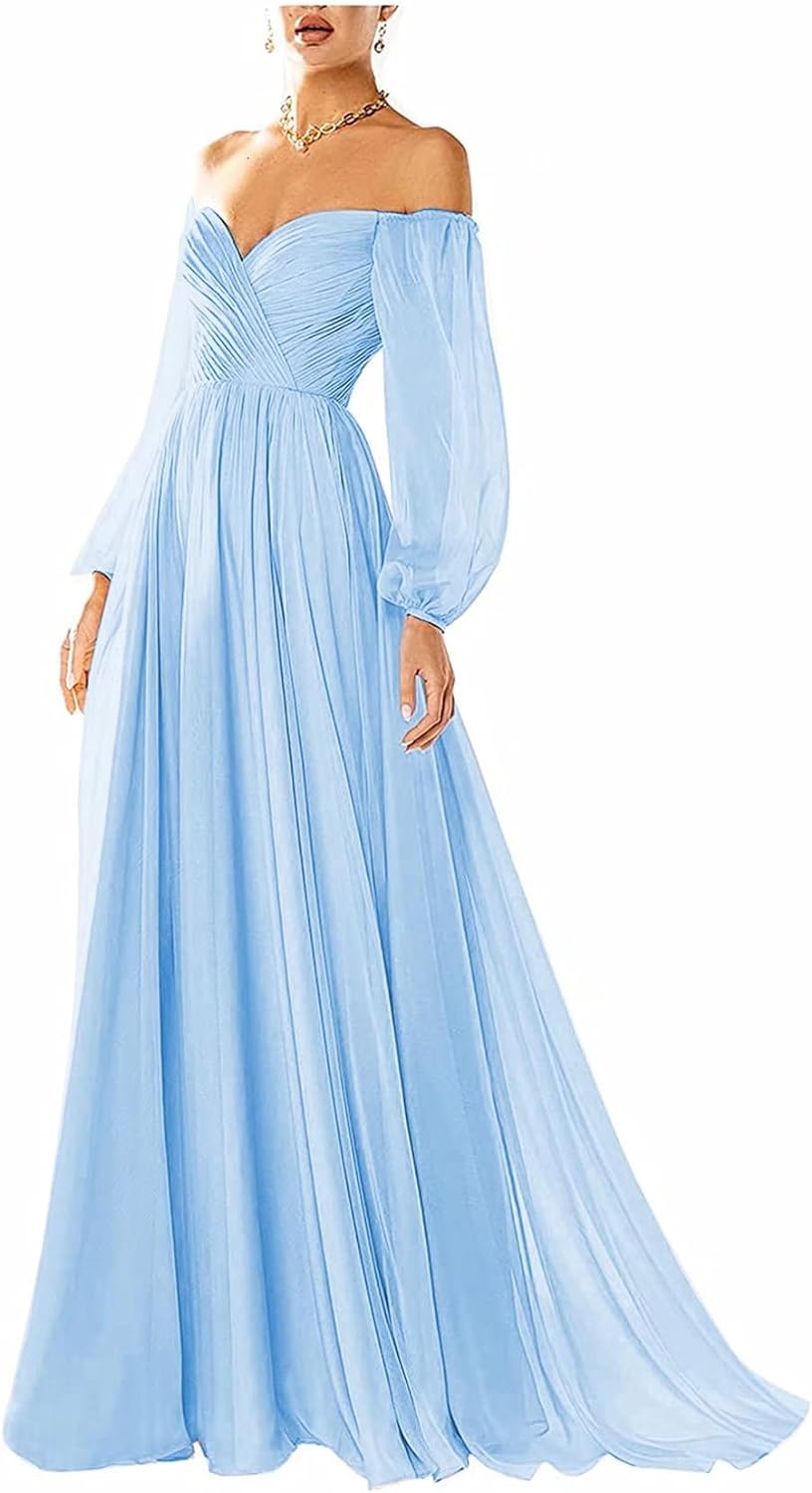 Vestido de fiesta con hombros descubiertos, manga larga, estilo formal, plisado, corte A, para mujer